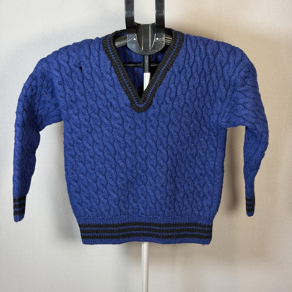 Vintage Gap Sweater Kids Medium Blue Wool Cable Knit Pullover V Neck 90s